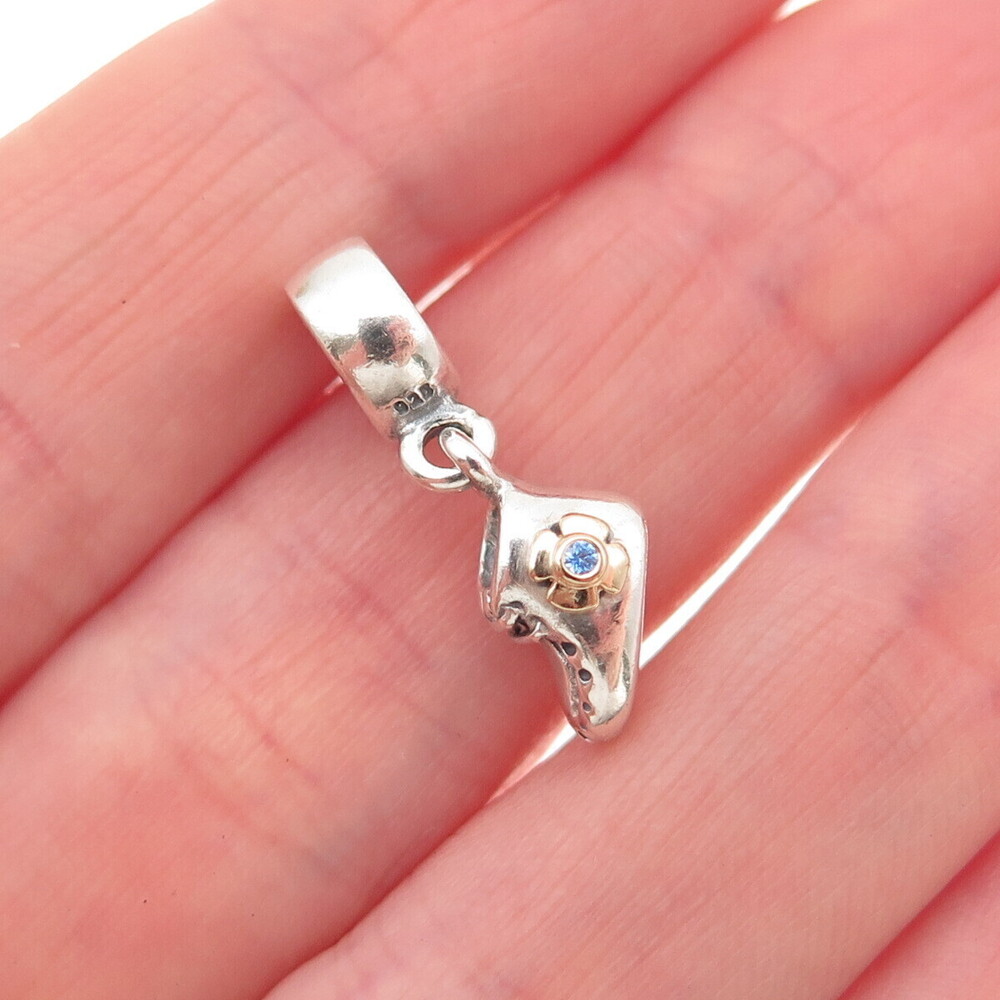 Pandora 925 Sterling Silver & Gold Blue C Z Baby Boy Shoe Dangle Charm